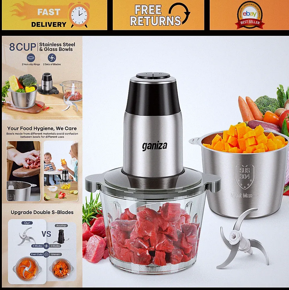 450W Electric Food Processor - 2-Speed Meat Grinder & Vegetable Chopper, 8 Cup B