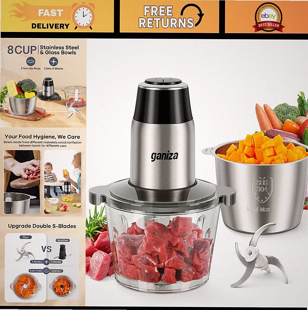 450W Electric Food Processor & Meat Grinder, 2-Speed Chopper, 8-Cup Bowls, 2 Set