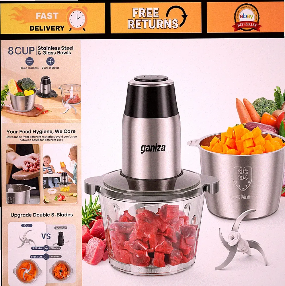450W Electric Food Processor & Meat Grinder - 2-Speed Chopper with 8 Cup Bowls