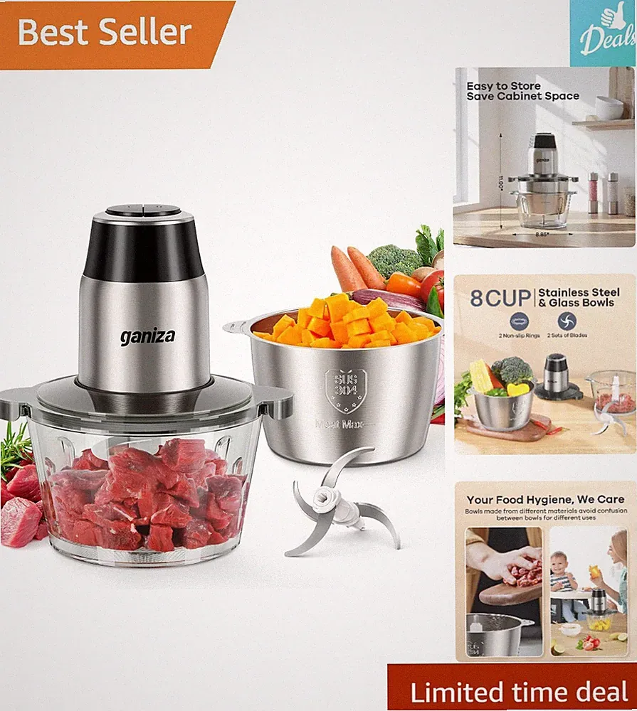 450W Electric Food Processor with 2 Bowls & Bi-Level Blades - Versatile Chopper