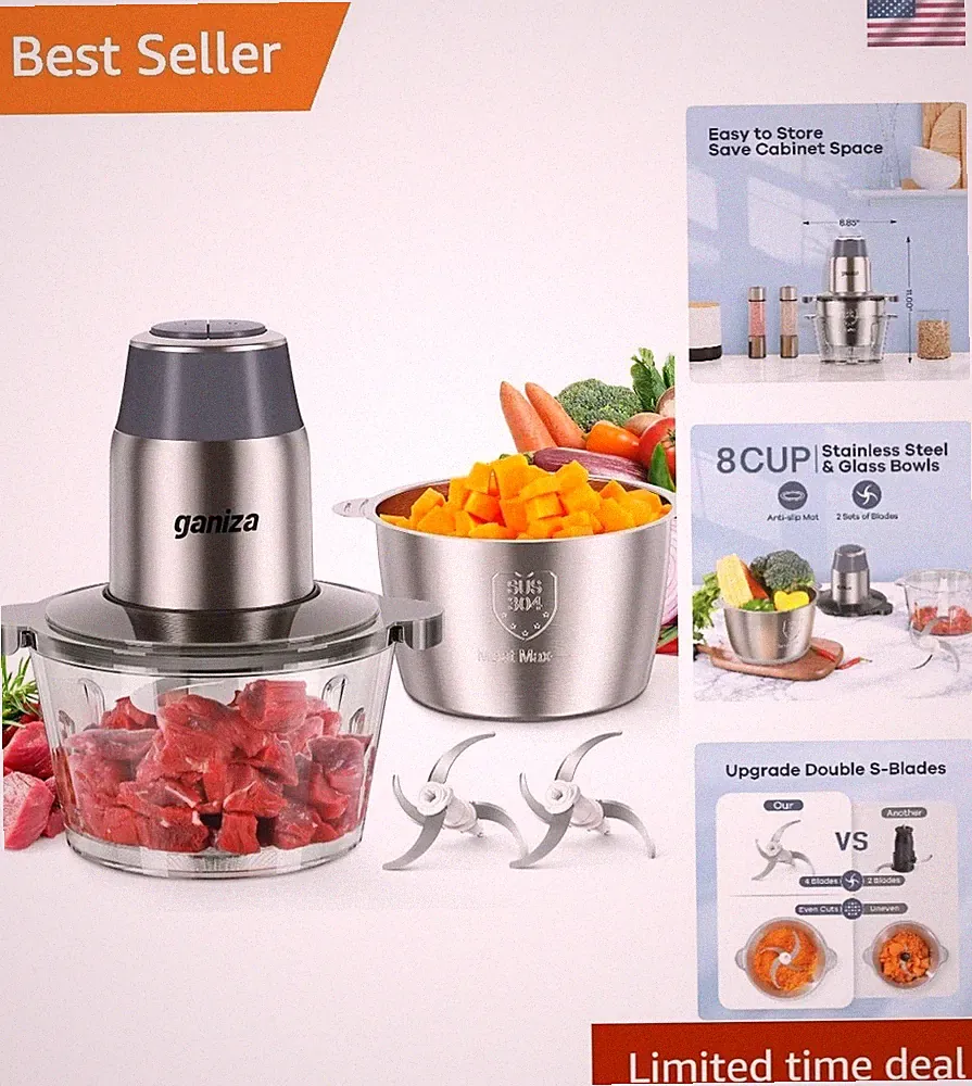 450W Electric Food Processor with Dual 8-Cup Bowls & Safety Lock in Grey