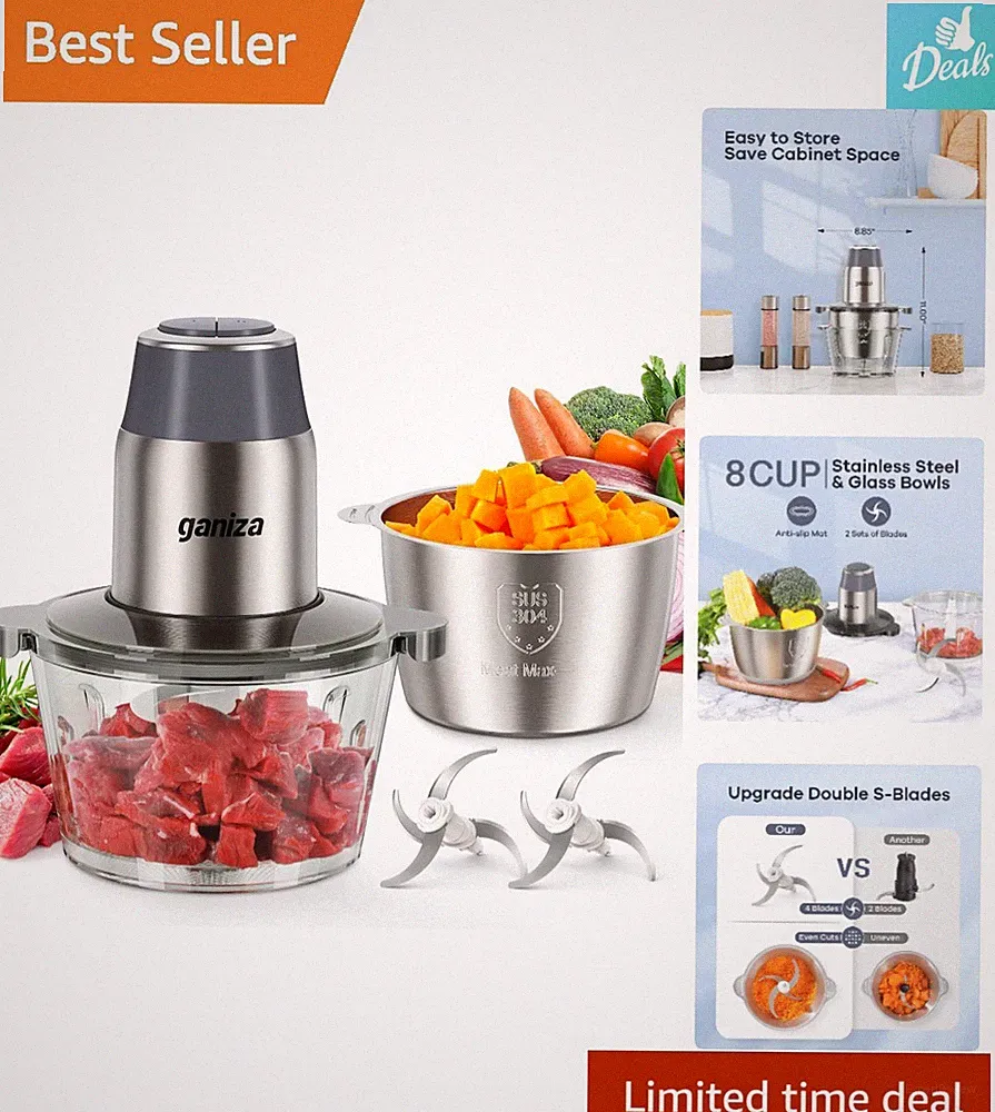 450W Electric Food Processor with Meat Grinder & Safety Lock - 2 Bowls Included