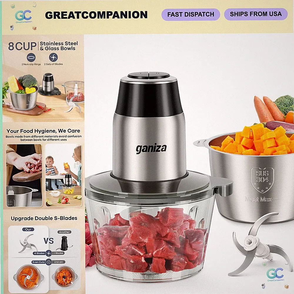 450W Food Processor with 2 Bowls - Versatile Meat Grinder & Vegetable Chopper