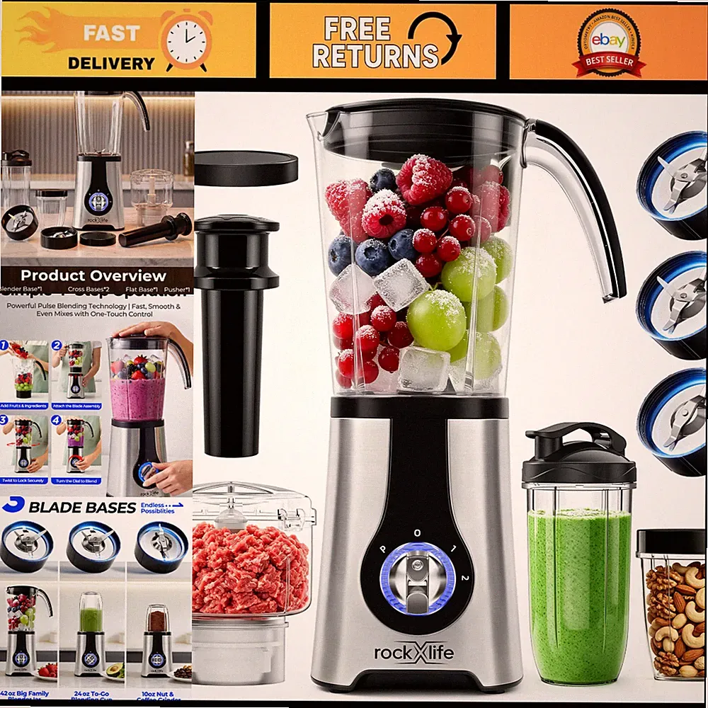 5-in-1 Countertop Blender & Food Processor Combo, 42oz Pitcher, Travel Cup, Chop