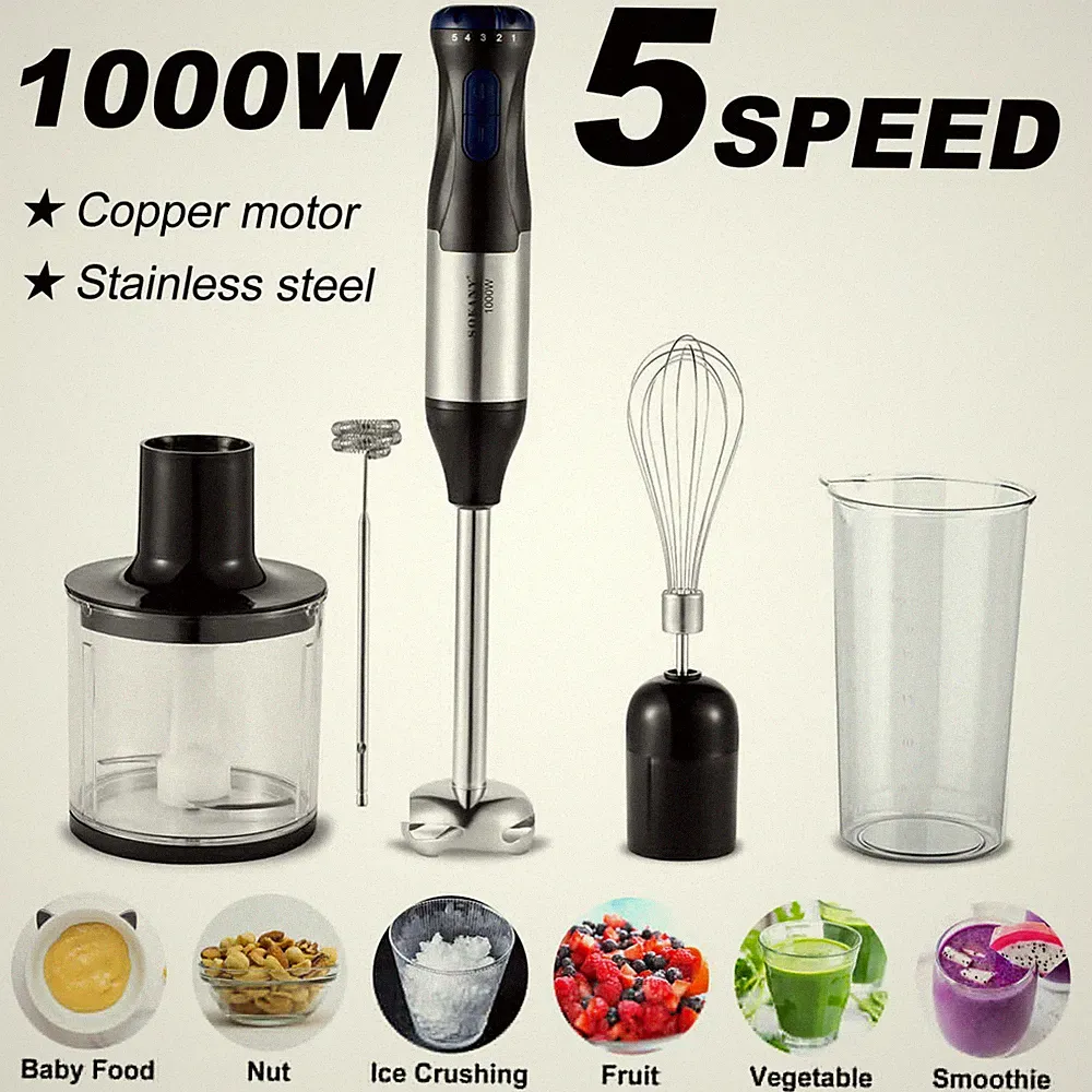 5-in-1 Hand Immersion Blender 1000w Entire Stainless Steel Blender Baby food