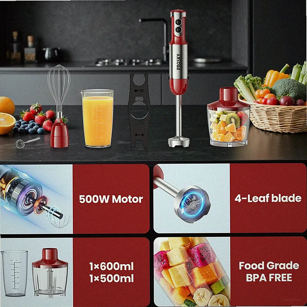 5-in-1 Handheld Immersion Blender Mixer | Whisk, Meat Chopper, Heavy Duty Motor