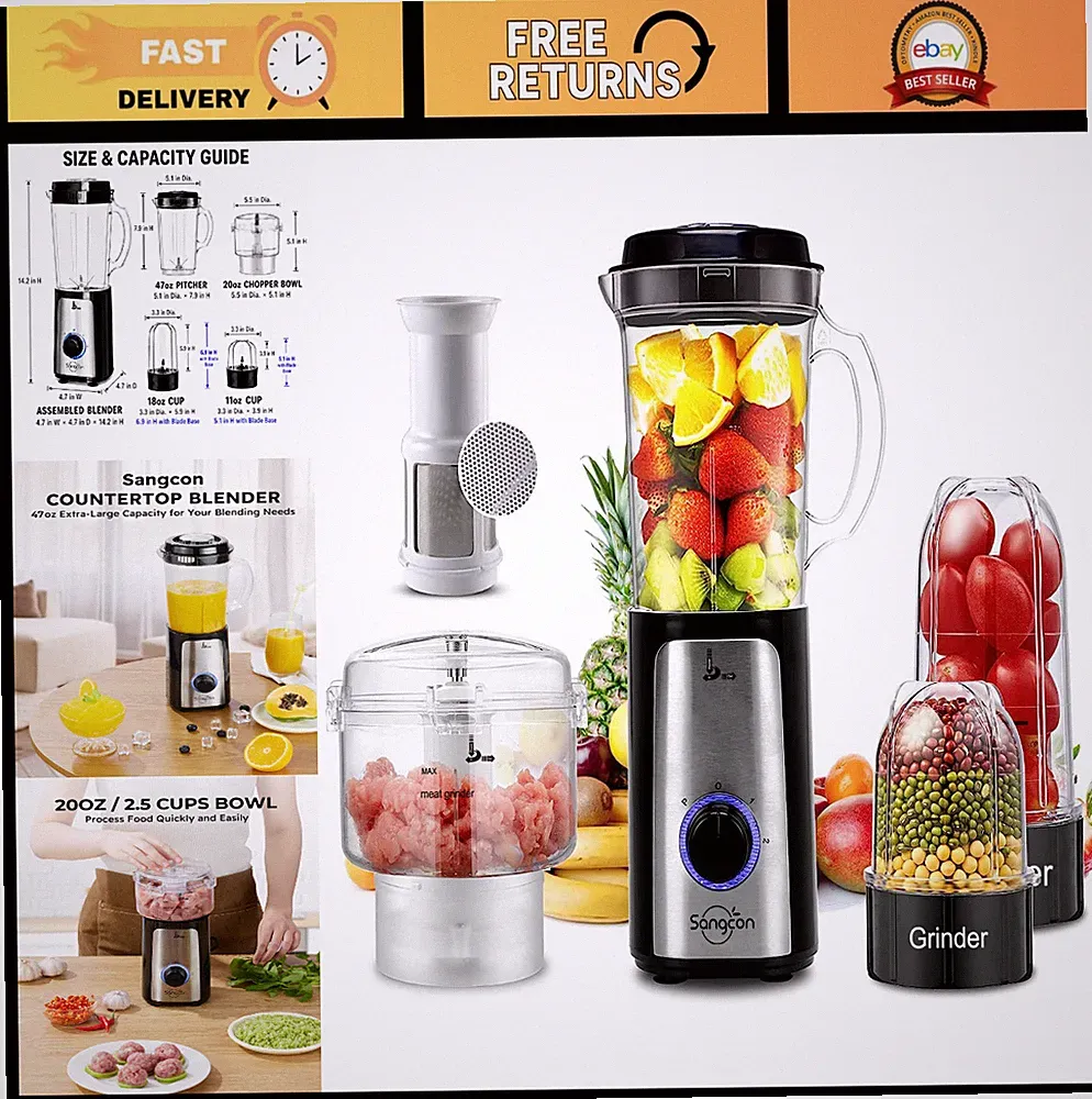 5-in-1 Kitchen Blender & Food Processor Combo | BPA-Free 47oz Pitcher, 2.5-Cup B