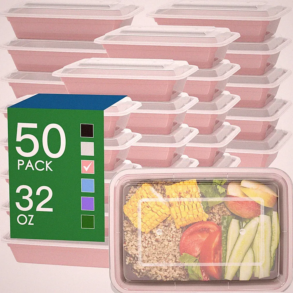 50 Pack (100-Piece) 32 oz Meal Prep Containers Reusable with Easy 32 oz, Pink