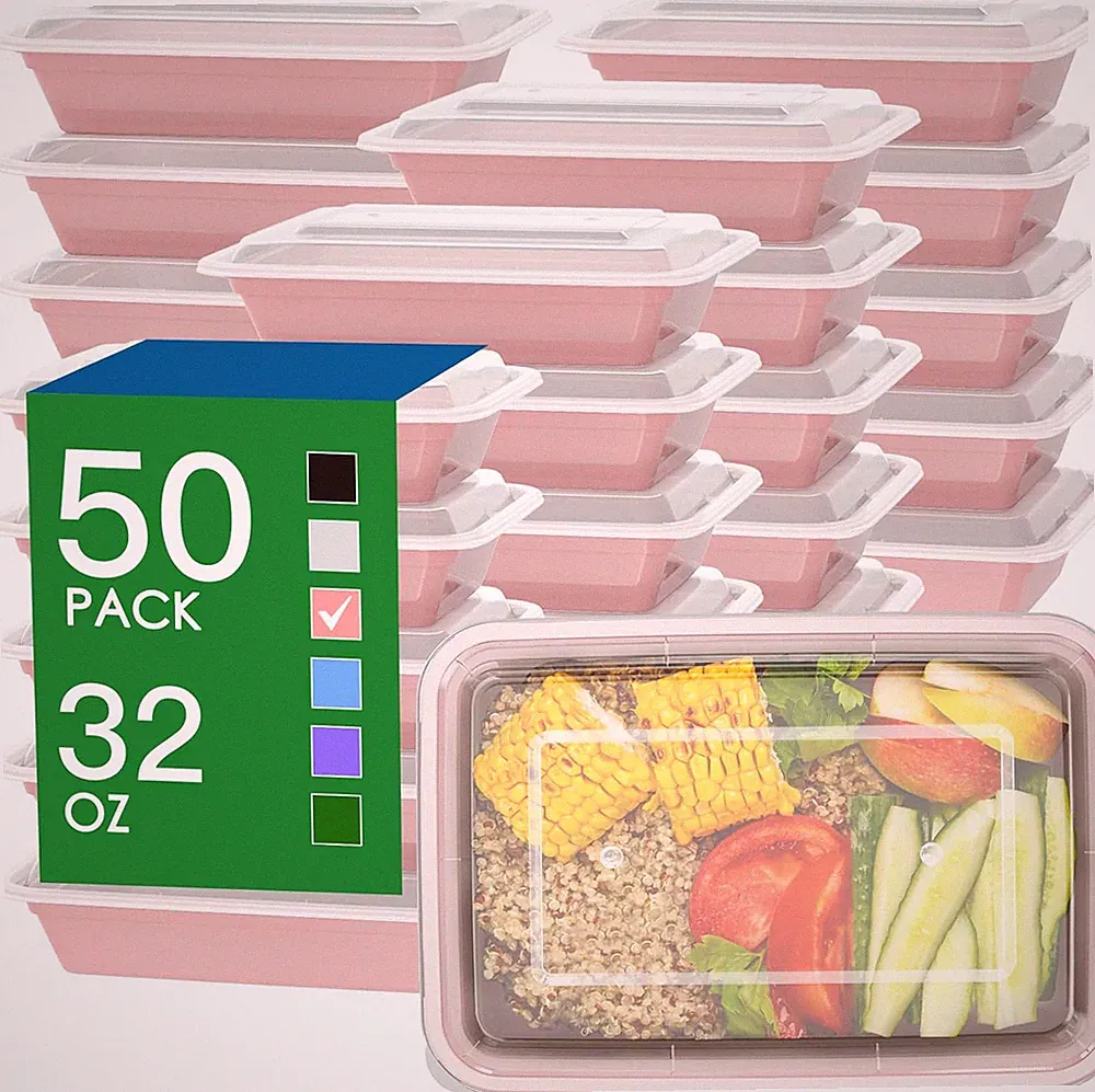 50 Pack (100-Piece) 32 Oz Meal Prep Containers Reusable with Easy Open Lids, Stu