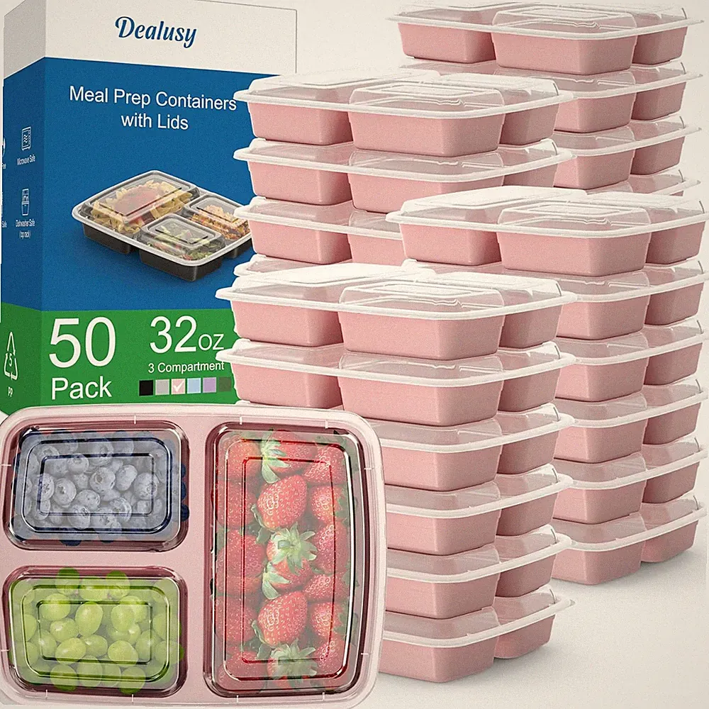 50 Pack (100-Piece) 32 Oz Meal Prep Containers Reusable with Lids 3-Compartment