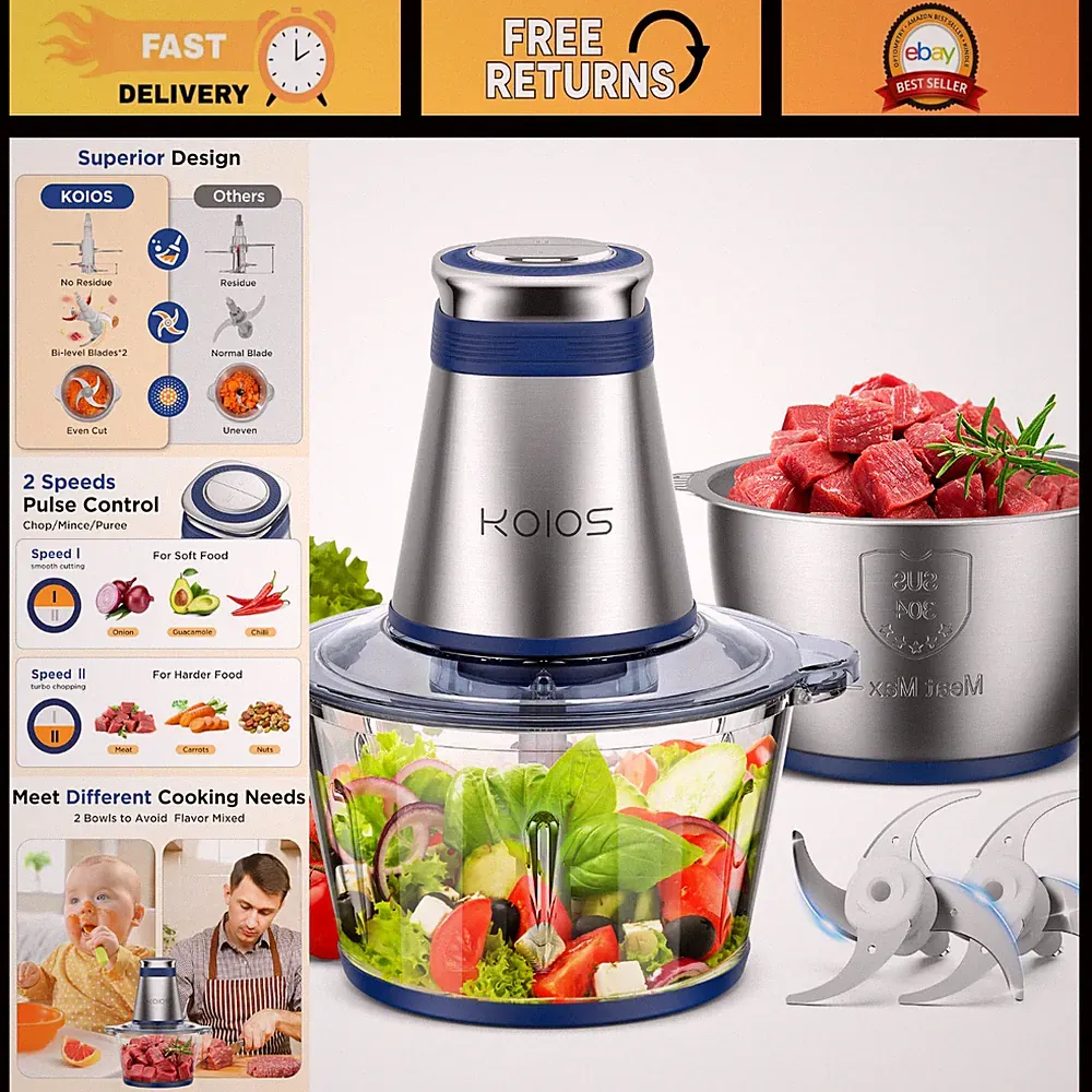 500W Electric Food Processor, 2 Bowls & Bi-Level Blades, Chopper for Meat, Nuts