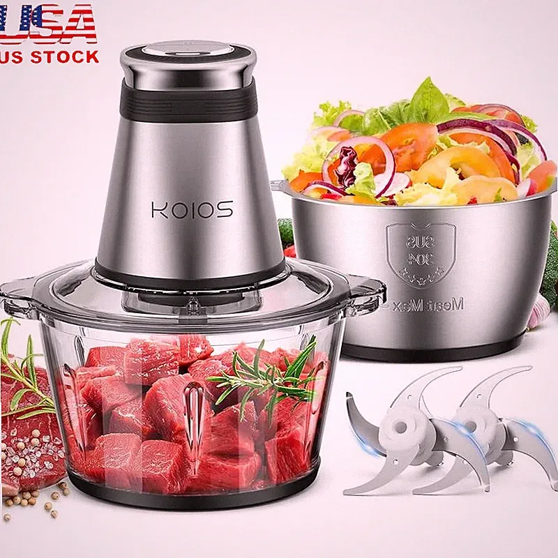 500W Electric Food Processor 2 Bowls Bi-Level Blades Chopper Grinder Safety Lock