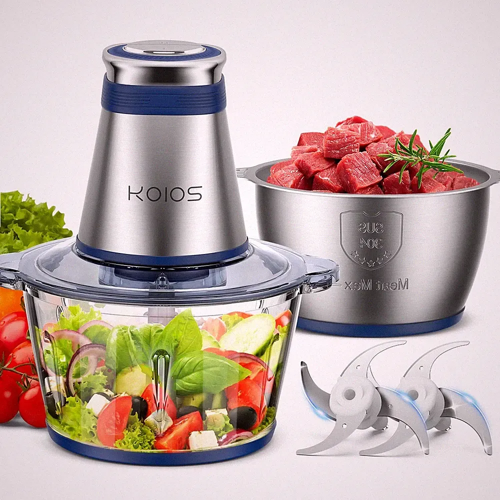 500W Electric Food Processor Chopper - 2 Bowls & Bi-Level Blades for Meat, Nuts