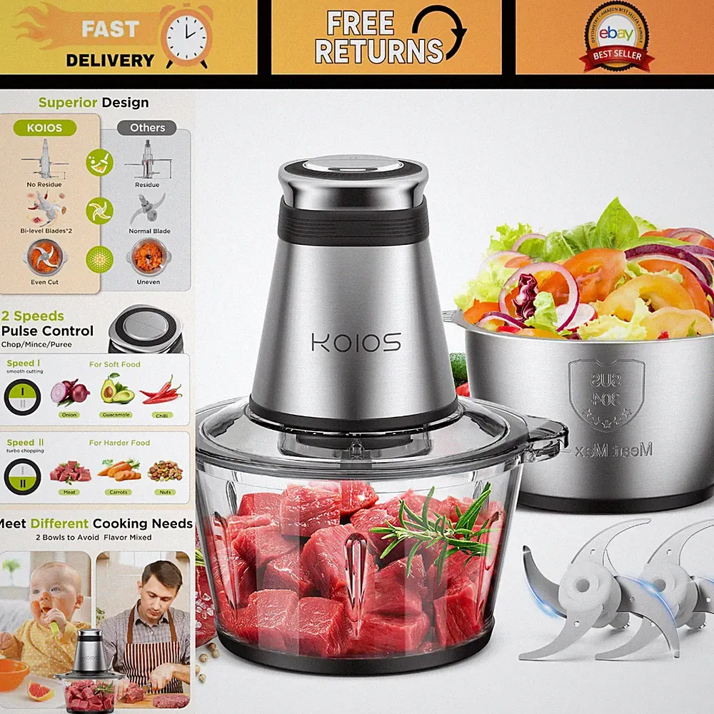 500W Electric Food Processor Chopper - 2 Bowls, Bi-Level Blades, Meat & Nut Grin
