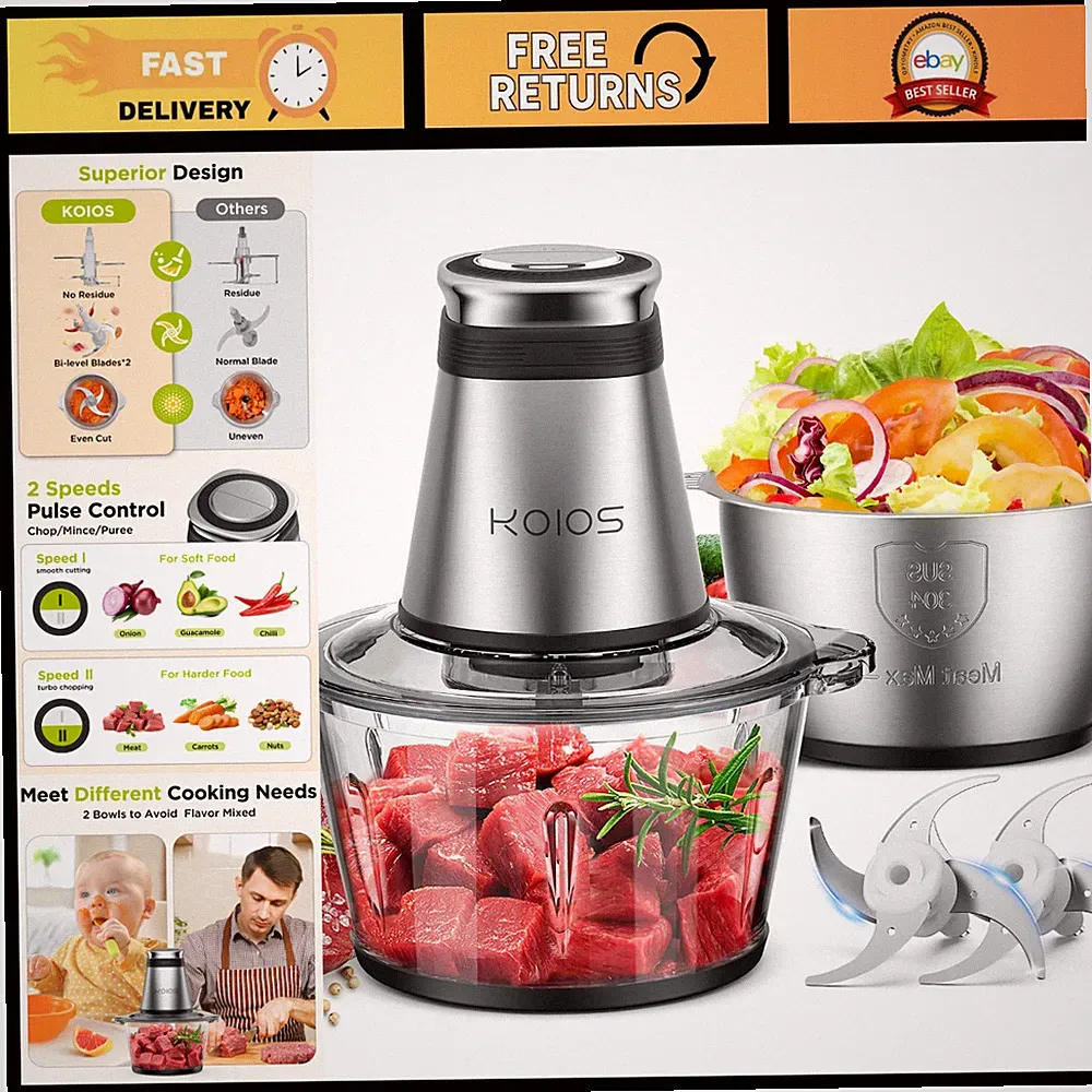 500W Electric Food Processor Chopper, 2 Bowls & Bi-Level Blades, Meat, Nuts, Bab