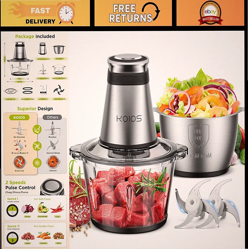 500W Electric Food Processor Chopper - 2 Bowls, Bi-Level Blades, Meat, Nuts, Gar