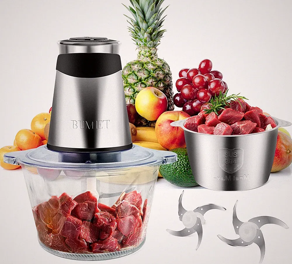 500W Meat Grinder 2×8-Cup Bowls 2 Blades Food Chopper