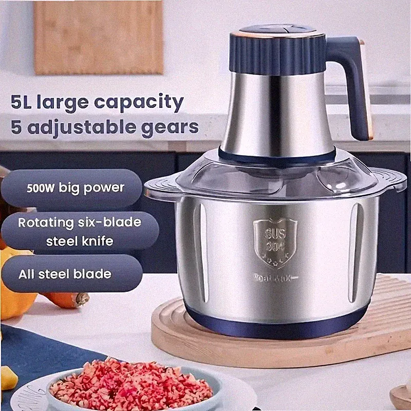5L Stainless Steel Food Processor with 6-Blade System - Fast Meat Mincer & Veget