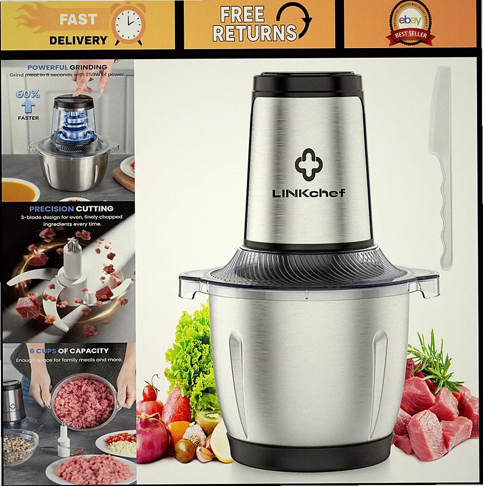 6-Cup Food Processor & Chopper, 1.5L Electric Meat Grinder, Stainless Steel Kitc
