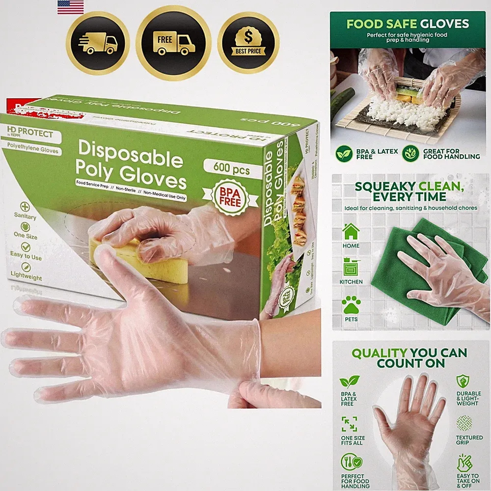 600 Pack Disposable Food Prep Gloves – Clear Polyethylene, Latex- BPA & Powde...