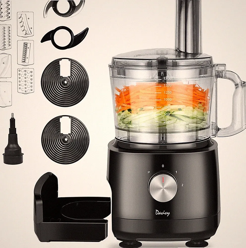 7-Cup Food Processor with Built-in Storage Drawer | 600W Motor 9-Blade Set fo...