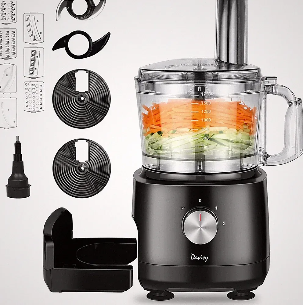 7-Cup Food Processor with Built-In Storage Drawer | 600W Motor, 9-Blade Set for