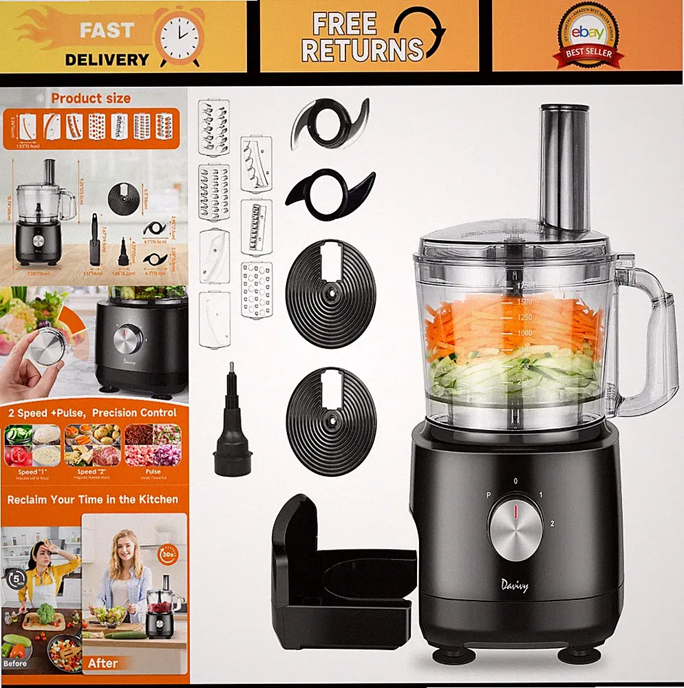 7-Cup Food Processor with Storage Drawer | 600W, 9-Blade Set, 3-Speed Chopper