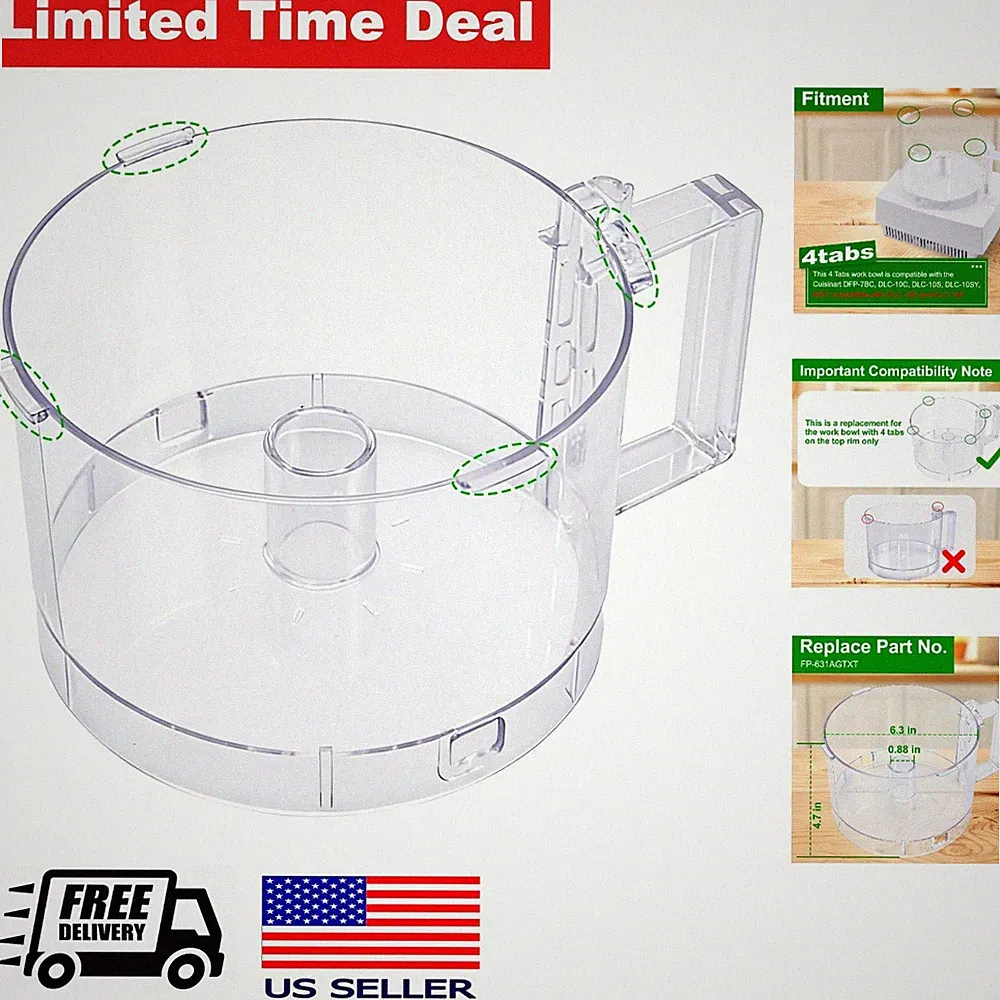 7-Cup Food Processor Work Bowl 4 Tabs Replacement Durable High Quality