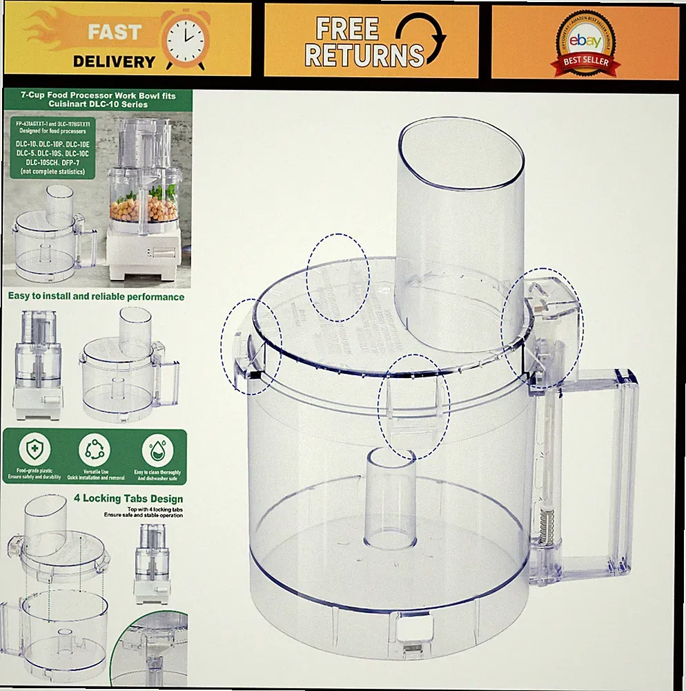 7-Cup Food Processor Work Bowl with 4 Locking Tabs, Fits Cuisinart DLC-10 Models