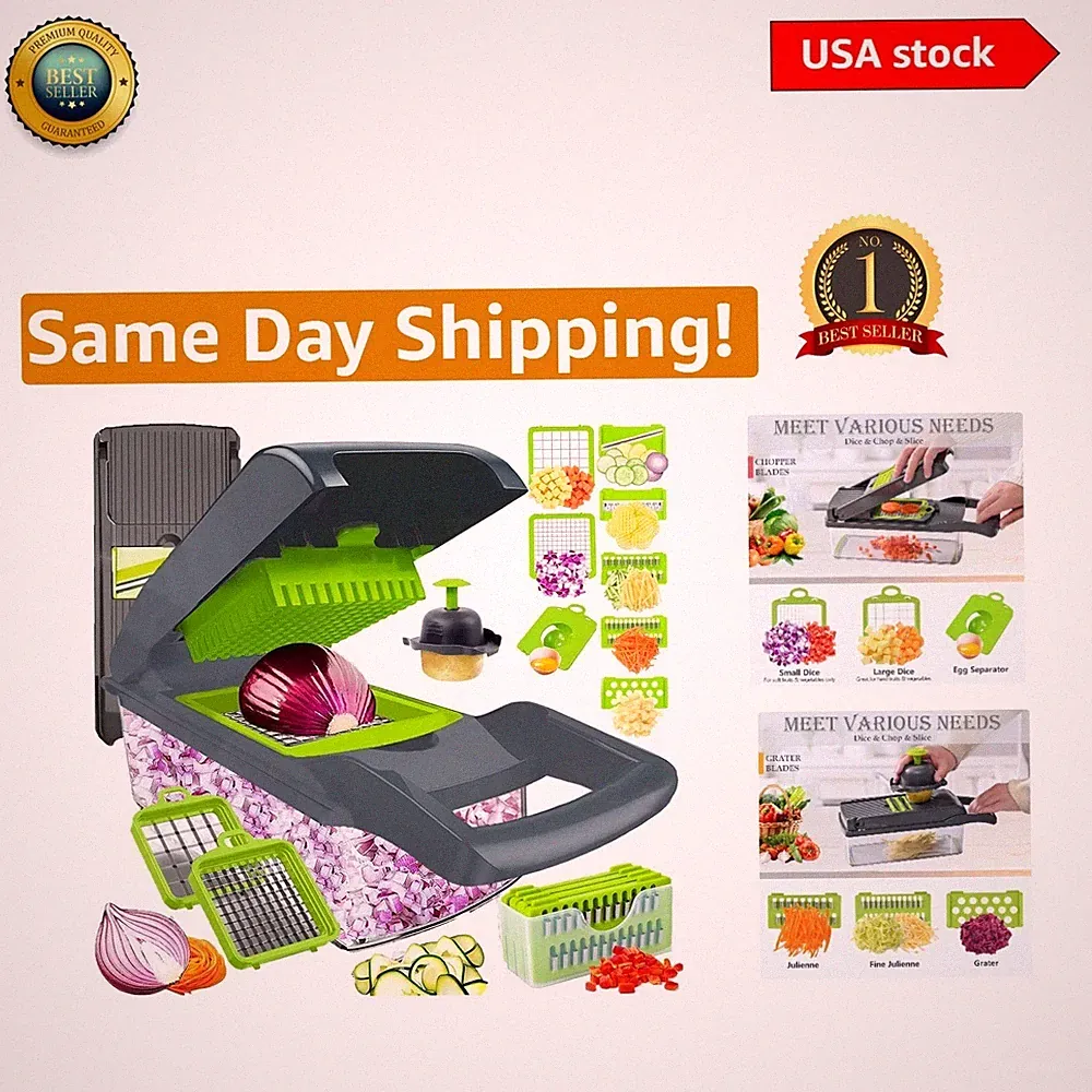 8-Blade Vegetable Chopper & Mandoline Slicer with 1.5L Container for Quick Prep