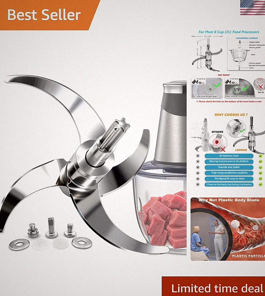 8-Cup All Stainless Steel Food Processor Blade - Self-Adjustable Height