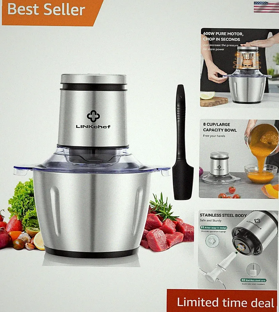 8 Cup Electric Food Chopper & Meat Grinder - 600W Stainless Steel Processor