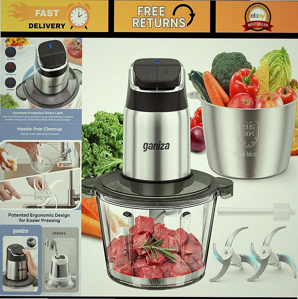 8-Cup Food Processor & Chopper with Dual Bowls, Meat Grinder, 2-Speed, Overheat