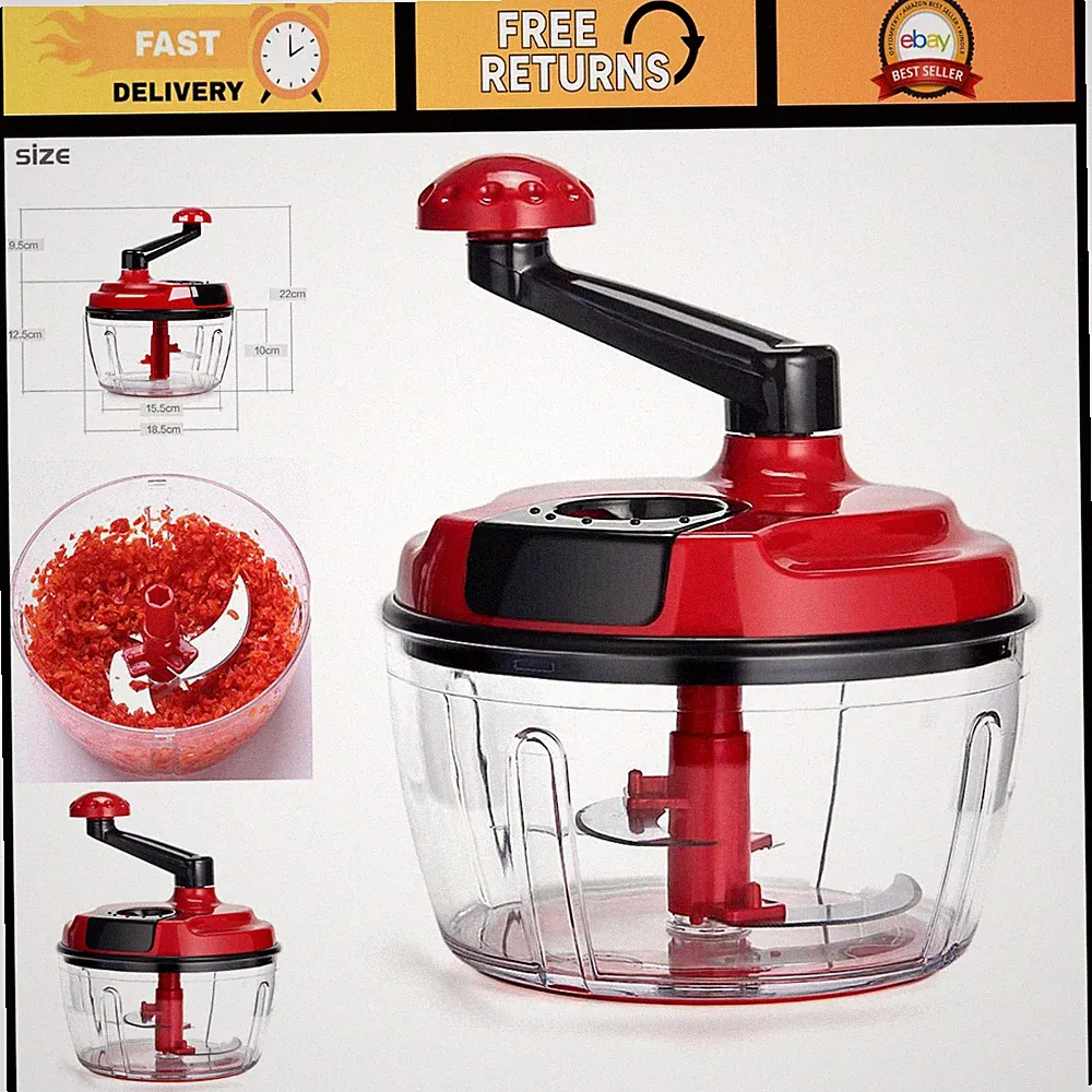 8-Cup Manual Food Processor - Hand-Powered Chopper & Mincer for Veggies, Meat, N