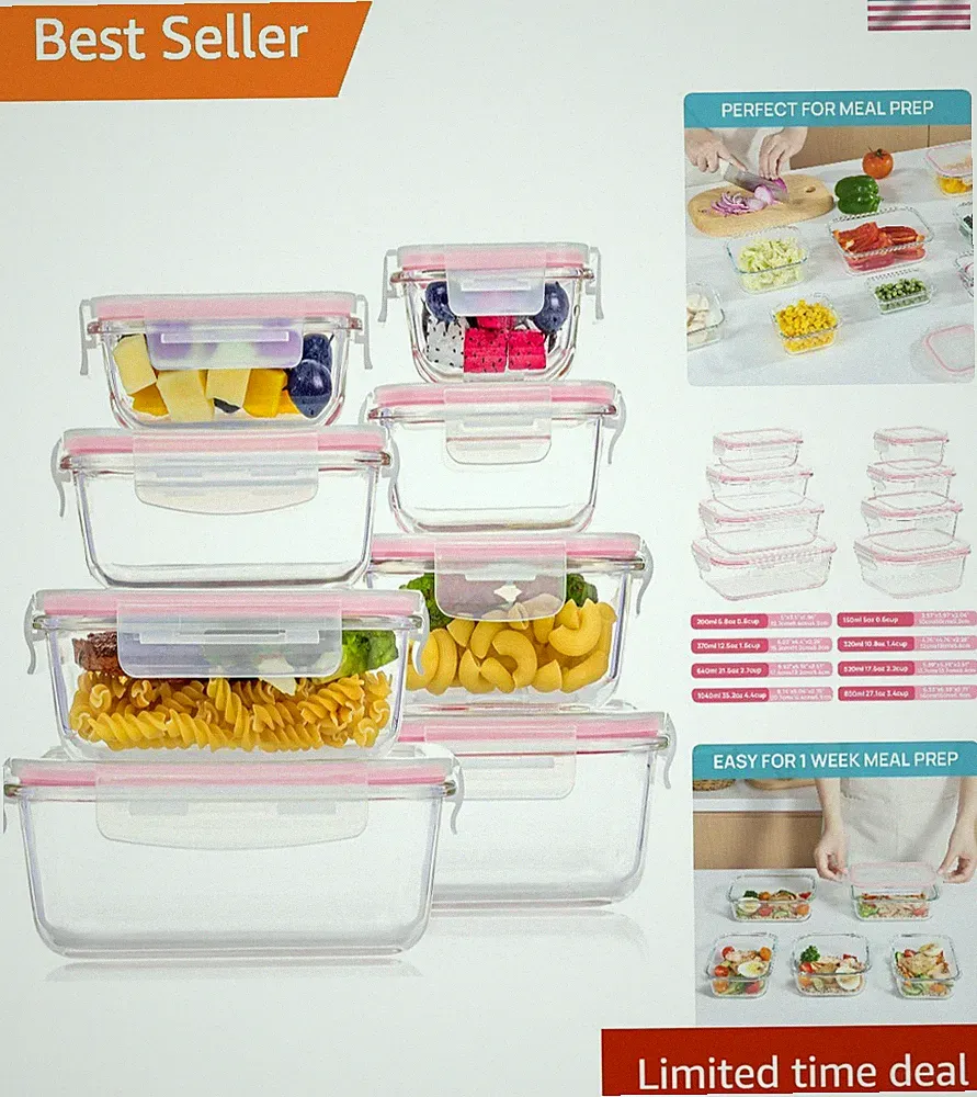 8 Pack BPA-Free Glass Meal Prep Containers - Airtight & Stackable Storage