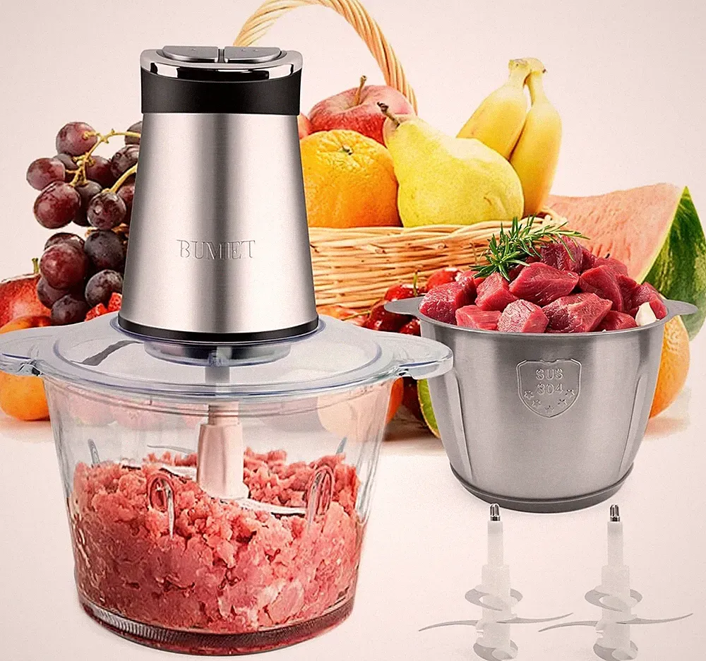 800W Electric Food Processor, 2x12 Cup Bowls, 3 Tier 6 Blade, Meat, Veg Chop