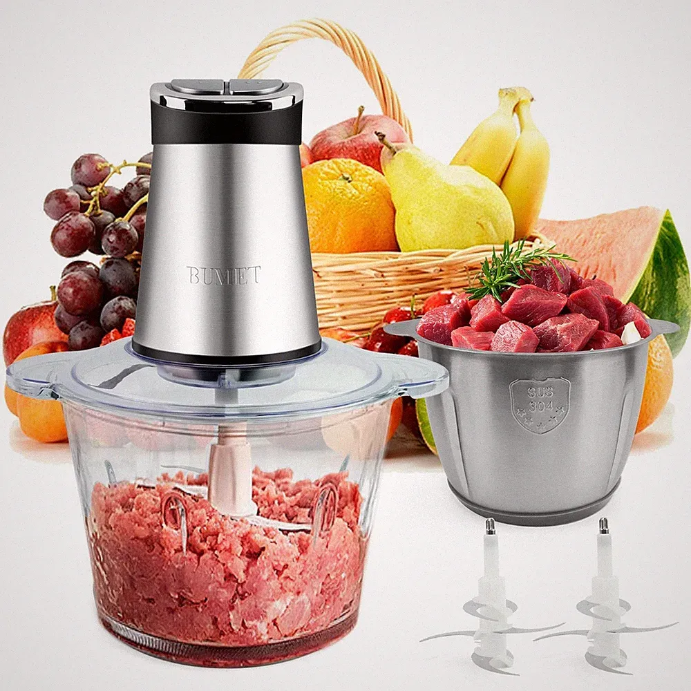 800W Electric Food Processor - 2X12-Cup Bowls, LED Timer, 6 Cutting Edges, Meat