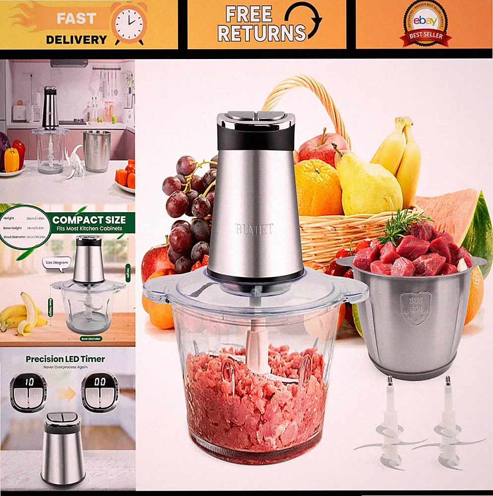800W Electric Food Processor with 12-Cup Bowls, LED Timer, 6 Cutting Edges, Meat