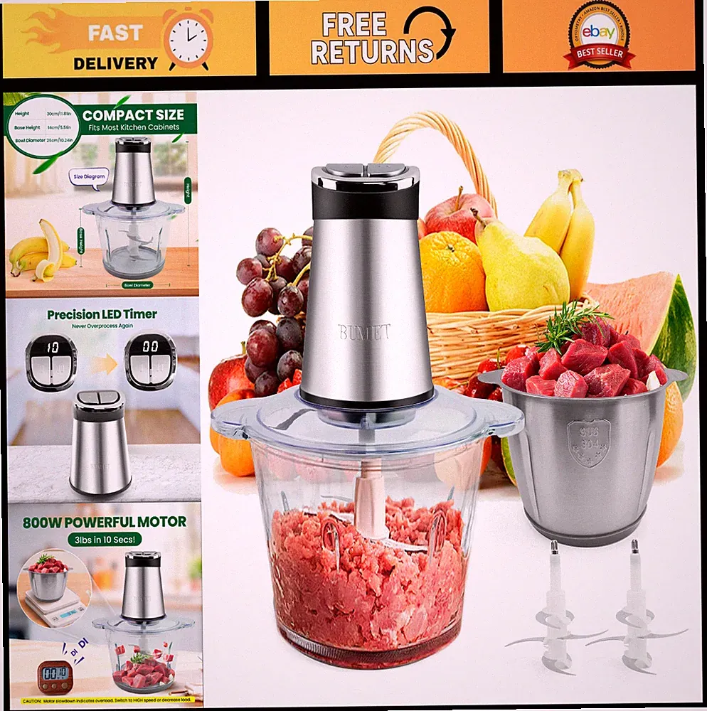 800W Electric Food Processor with 2x12-Cup Bowls, LED Timer, 6 Cutting Edges, Me