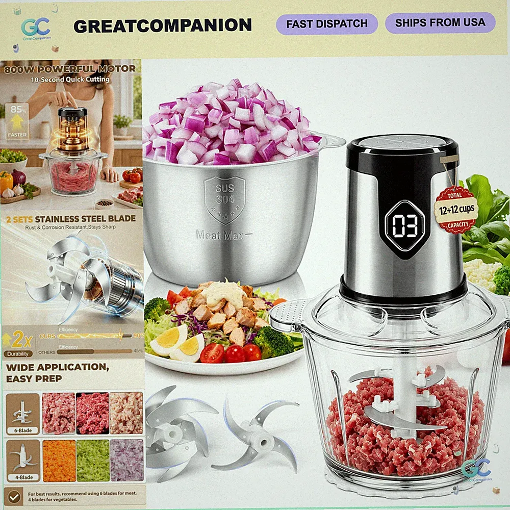 800W Glass Bowl Food Processor, Vegetable Chopper & Meat Grinder, 4-Speed, Multi
