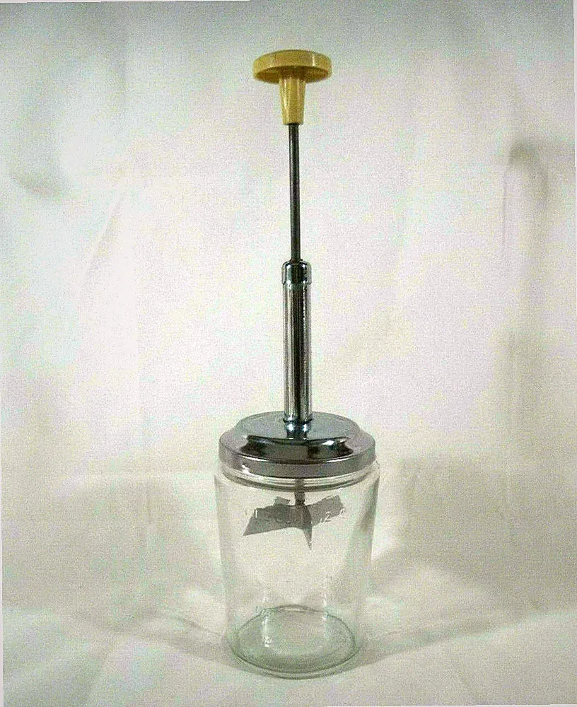 ACME Glass Jar Food Chopper w/ Chrome Lid, Gold Top, Measure Marks to 1 1/2 Cups
