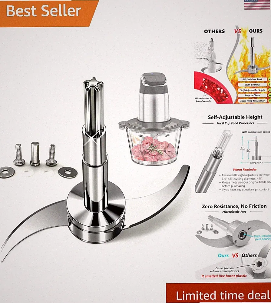 All Stainless Steel Food Processor Blade for 8-Cup Bowls and Plastic-Free