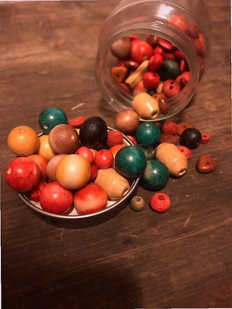 Baby Food Jar Full Of Wooden Beads Different Shapes & Sizes Natural Red & Blue