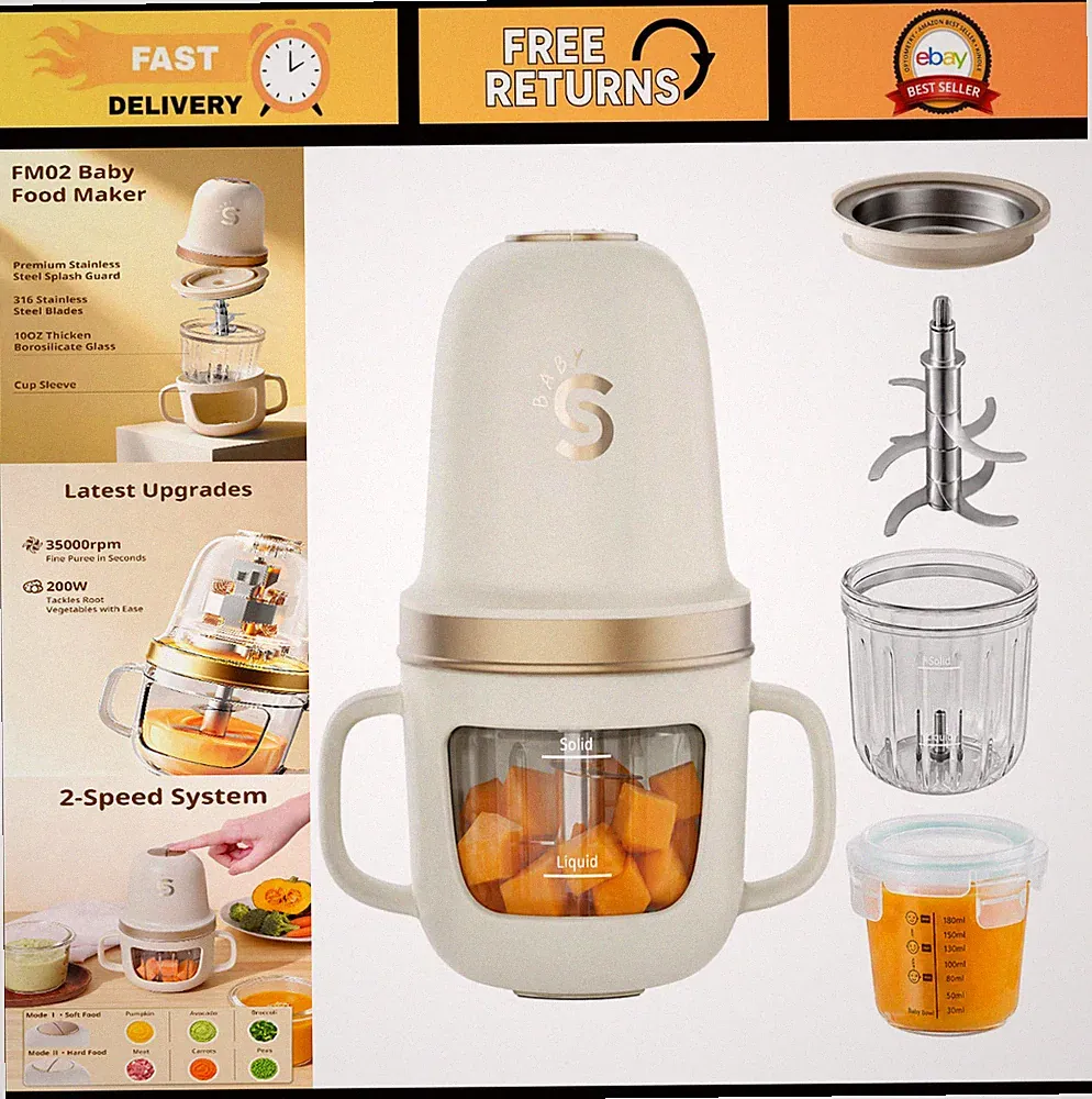 Baby Food Maker Mini Processor Set - 316 Stainless Steel Blades, 10oz Glass Blen