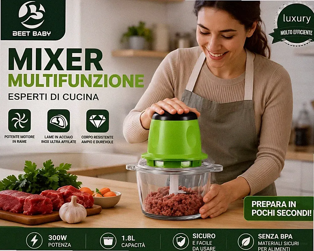 BEET BABY Mixer Multifunzione Mini Food Processor 300W 1.8L BPA-Free Green