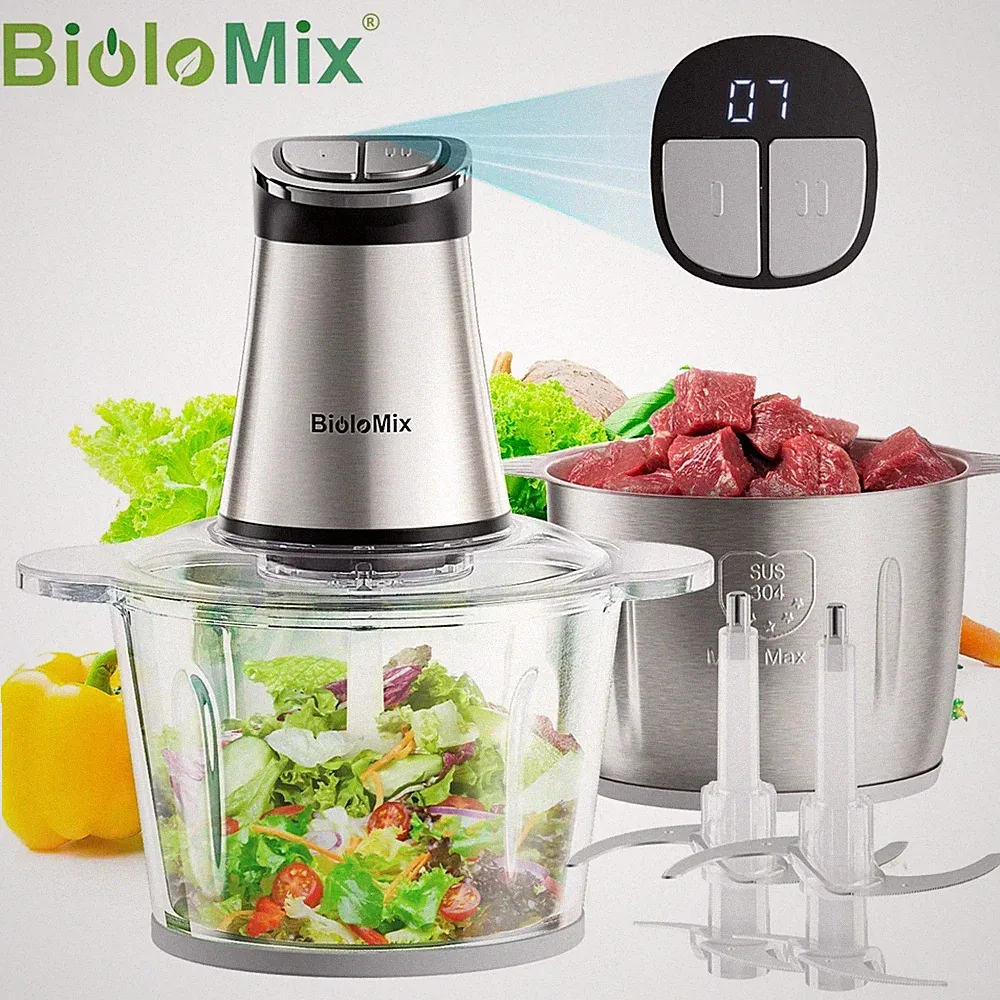 BioloMix Mini Food Processor 300W Electric Chopper 2 Bowls 4 Blade Meat Veg