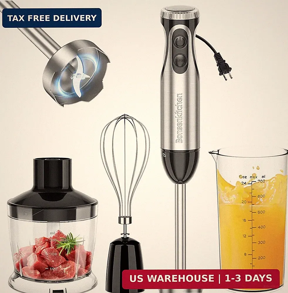 Bonsenkitchen Immersion Blender Handheld with Food Processor, 20 Speeds Hand Ble