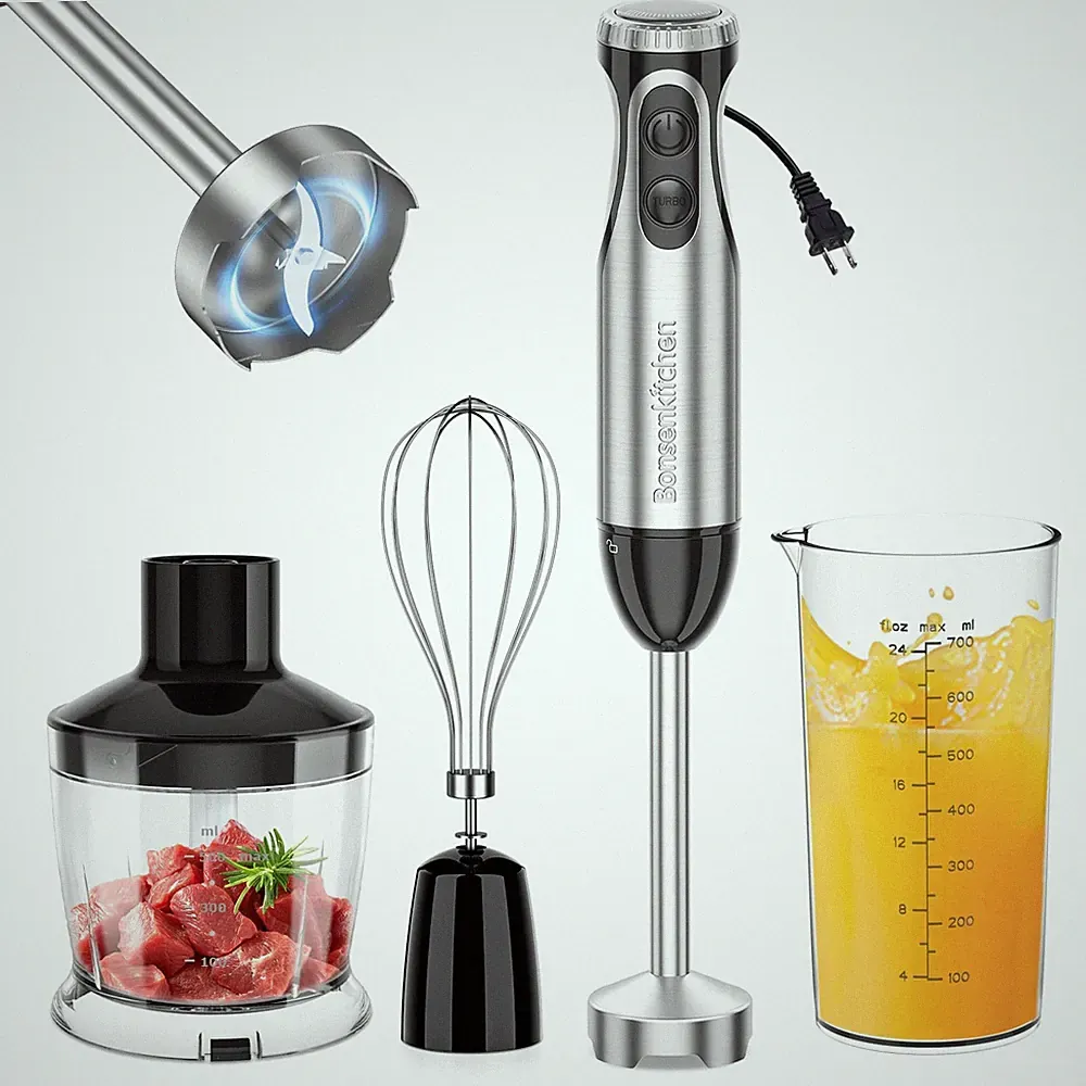 Bonsenkitchen Immersion Blender Handheld with Food With 3 attachment, Sliver