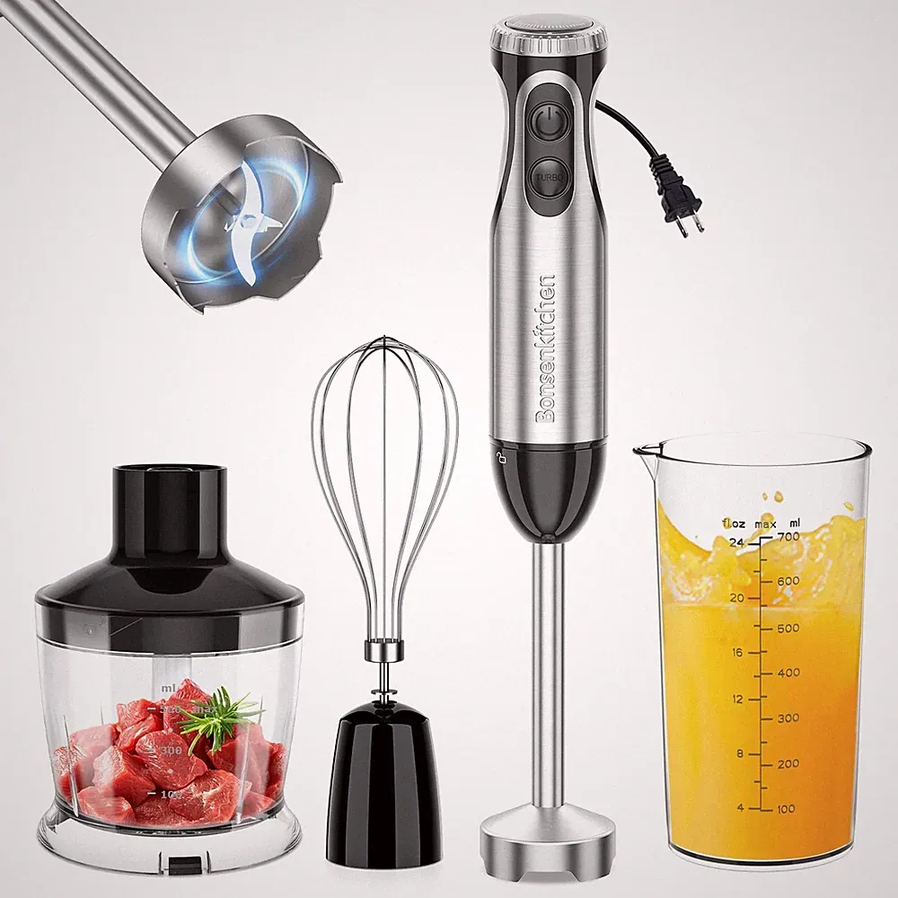 Bonsenkitchen Immersion Blender with Food With 3 attachment, Sliver