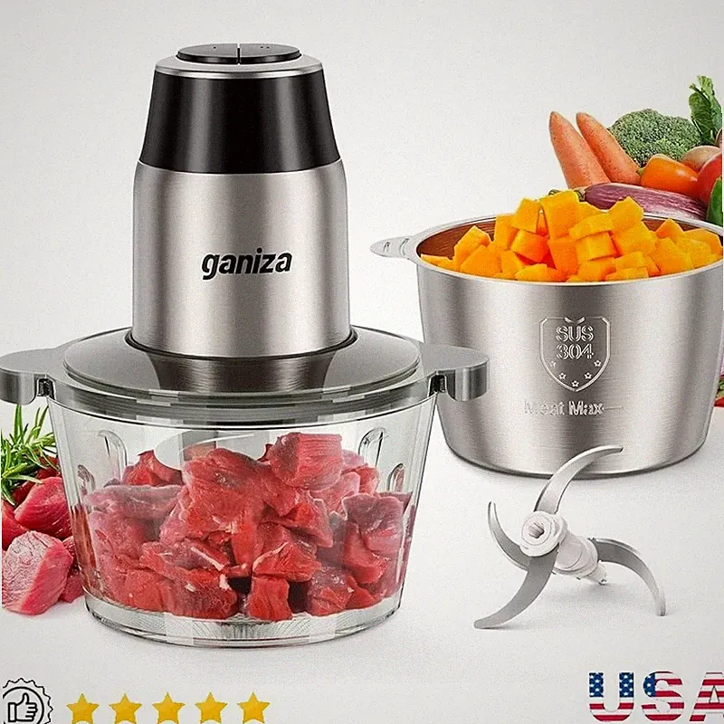 BPA-Free Food Processor 2 Speed Control Meat Vegetable Chopper W/ Dual Bowls New
